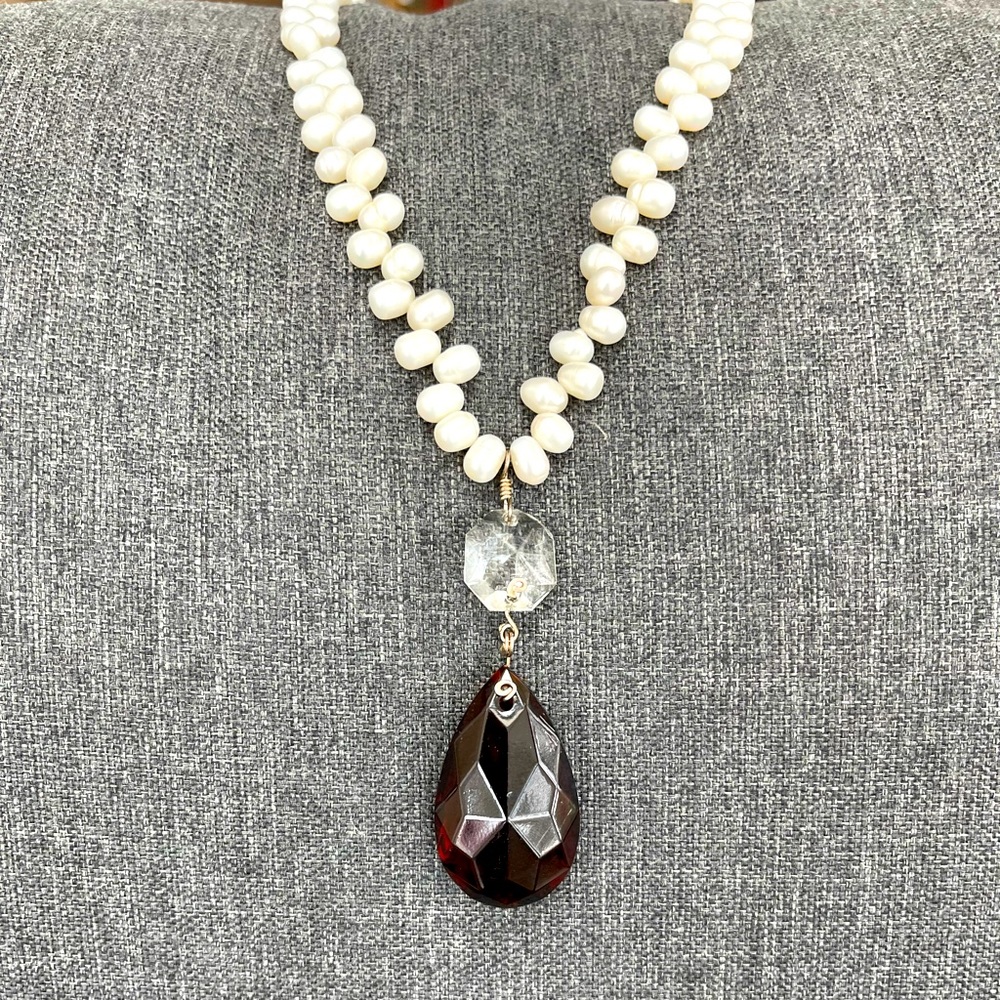 Cultured Seed pearl necklace with large Golden Amber Pendant